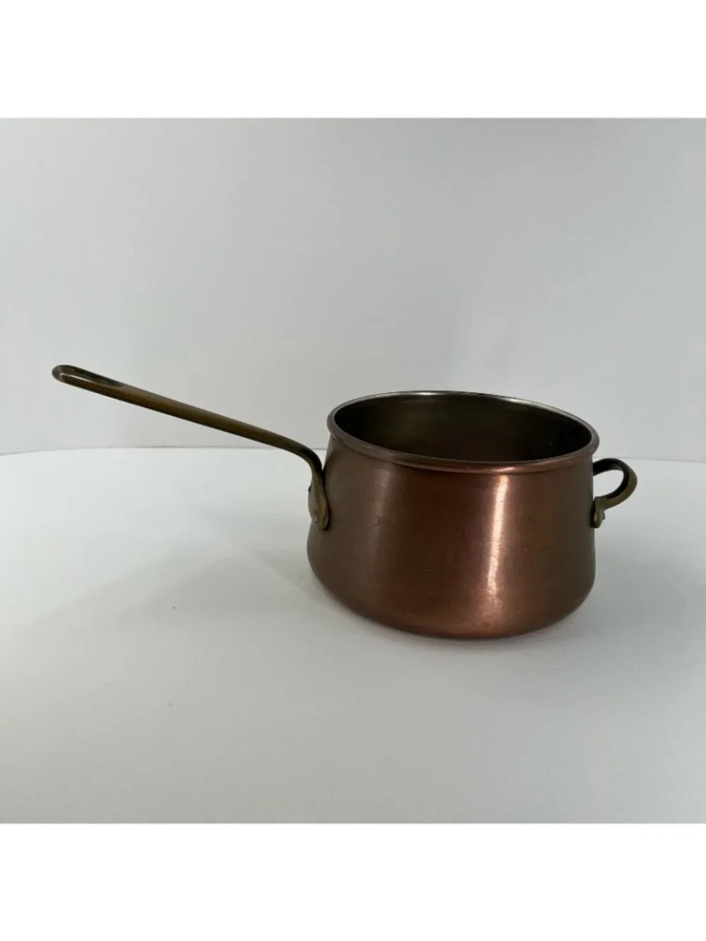 Vintage Solid Copper Saucepan Tin Lined Brass Long & Helper Handle Pot